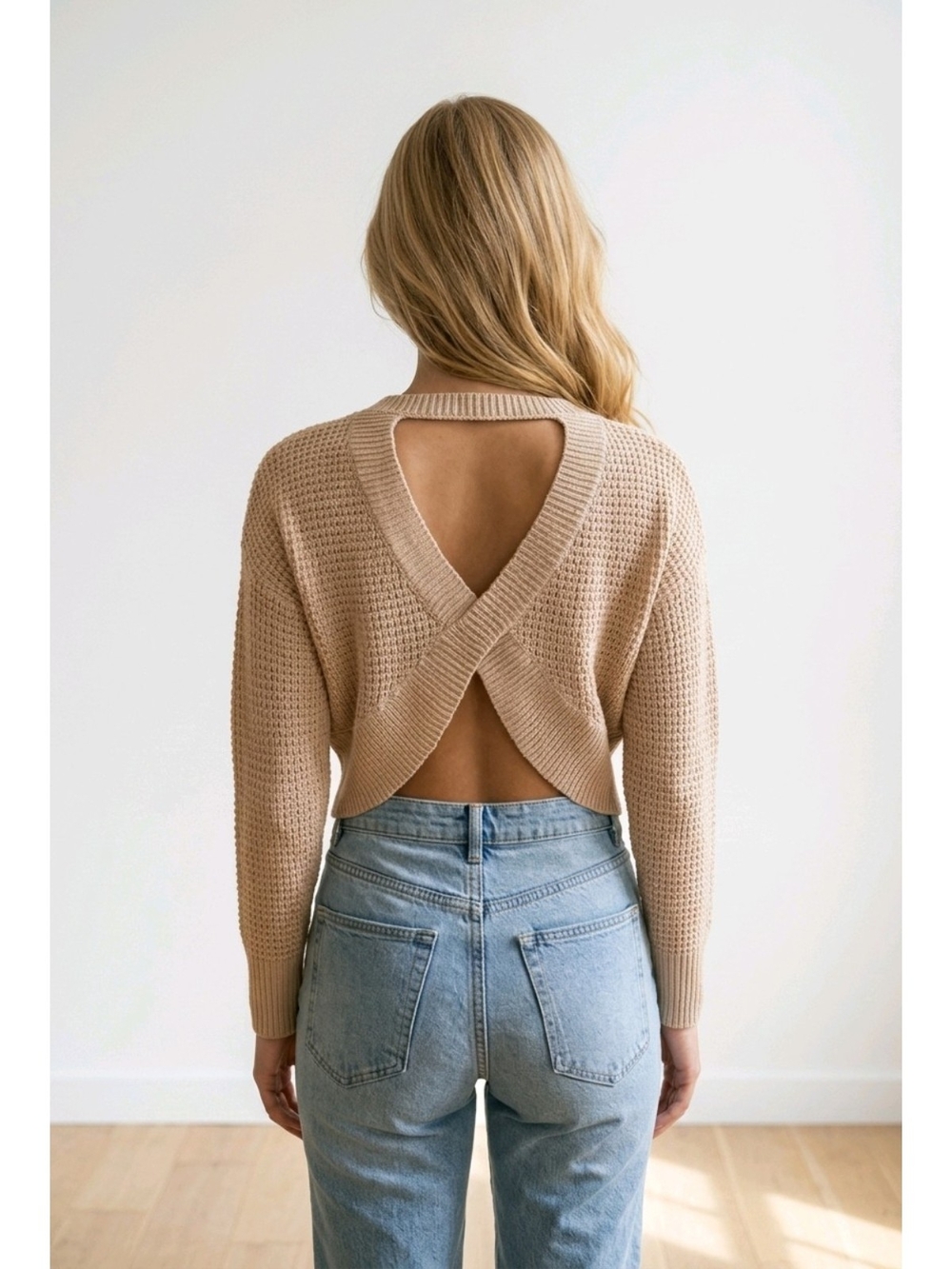 Pink Rose Beige Waffle Knit Open-Back Sweater